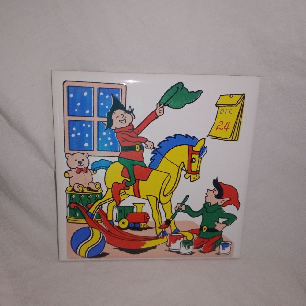 Vintage MCM Christmas Elf Toy Making On Christmas Eve Tile Art
